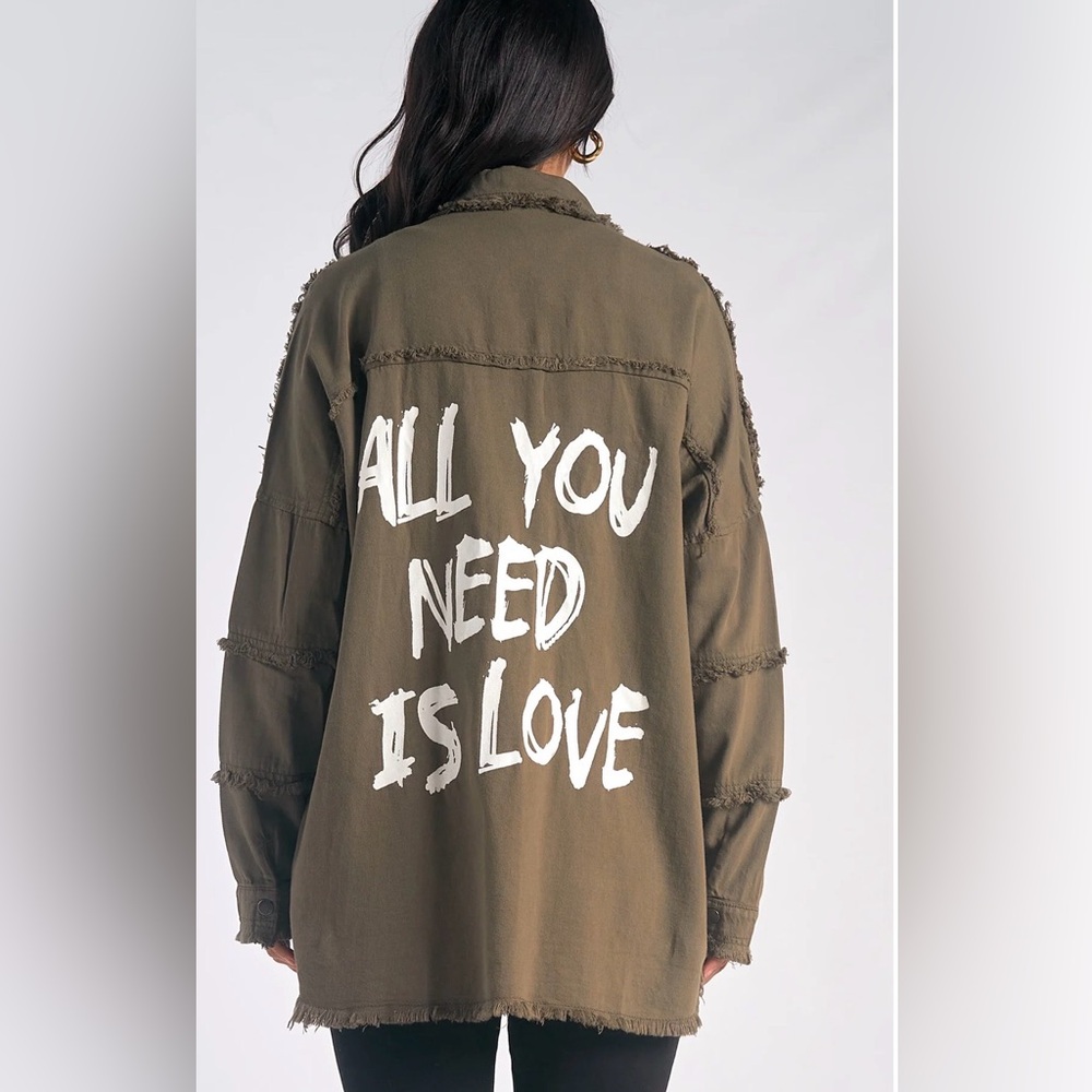 Elan Olive Green All You Need Is Love Frayed Jacket
